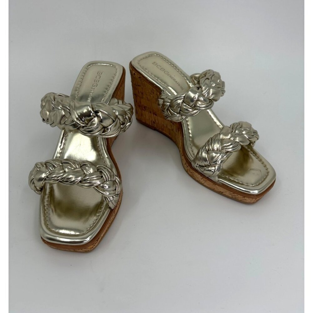 BCBGeneration Ulana Wedge Sandal Gold Chunky Braid Cork 8M NWOB